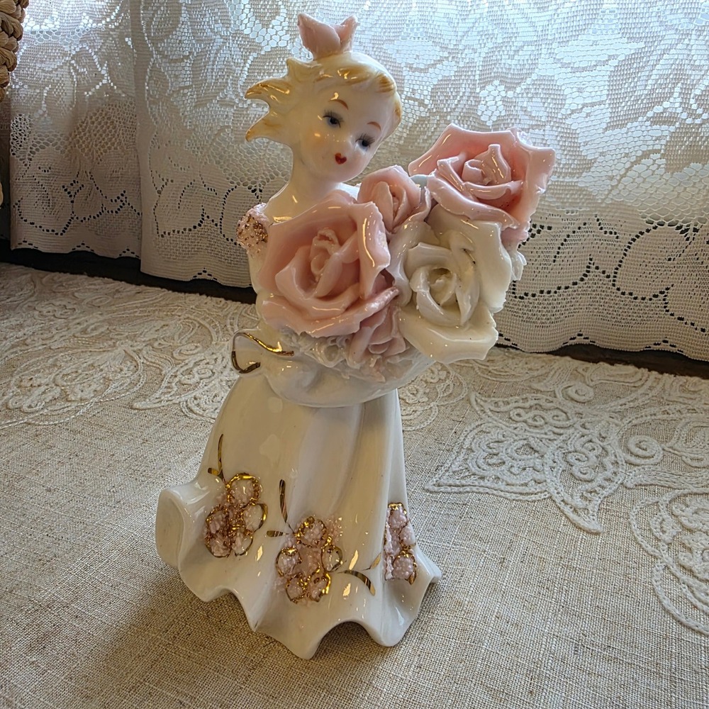 Lefton China Figurine 693 Southern Belle Victorian Girl with Roses Vintage White